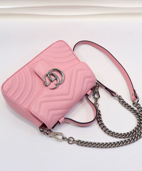 3ff4b6da8f7e8a3749b023ab7de02289 Gucci GG Marmont Silver Chain Shoulder Strap GG Logo Flap Female Pink Quilted Leather Single Top Handle Bag 2022 Price