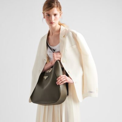 Prada Large leather shoulder bag with topstitching - Military Green/Black