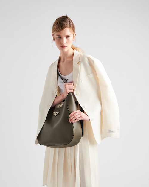 Prada Large leather shoulder bag with topstitching - Military Green/Black
