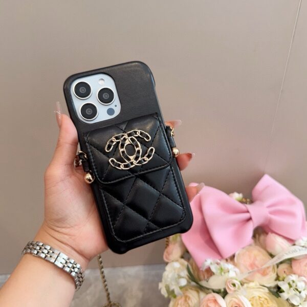 Chanel Style Quilted Leather Phone Case with Crossbody Chain & Card Pocket