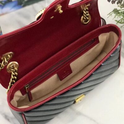 Gucci GG Marmont Red Trimming Twisted Brass Logo Buckle Chain Strap Women Diagonal Design Fashion Black Matelasse Leather Flap Bag