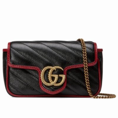 42db328f3a197976add5d7fee704d610 Gucci GG Marmont Super Diagonal Stripes Ttwisted Torchon Brass GG Buckle Red Leather Trimming Black Cowhide Leather Chain Bag