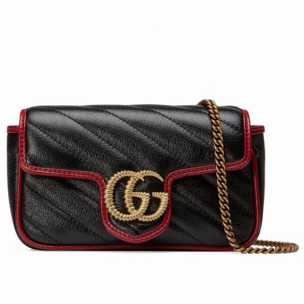Gucci GG Marmont Super Diagonal Stripes Ttwisted Torchon Brass GG Buckle Red Leather Trimming Black Cowhide Leather Chain Bag
