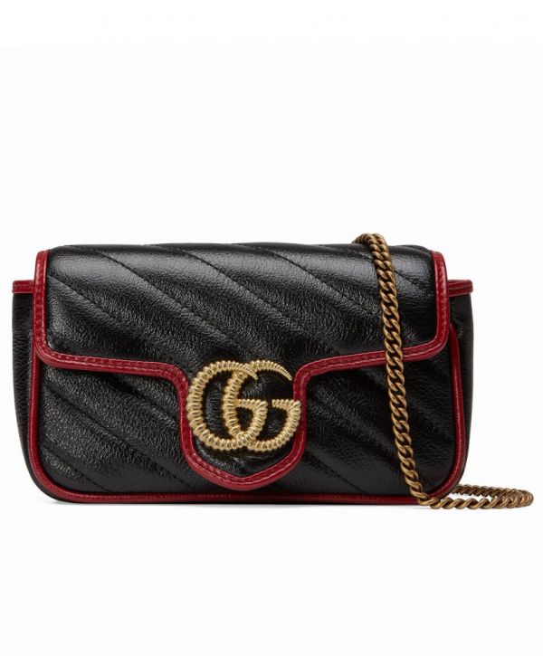 42db328f3a197976add5d7fee704d610 Gucci GG Marmont Super Diagonal Stripes Ttwisted Torchon Brass GG Buckle Red Leather Trimming Black Cowhide Leather Chain Bag