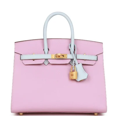 حقيبة هيرميس Special Order HSS Birkin Sellier 25 Mauve Sylvestre Brume مصقول من جلد إبسوم باللون الأزرق مع إكسسوارات معدنية ذهبية