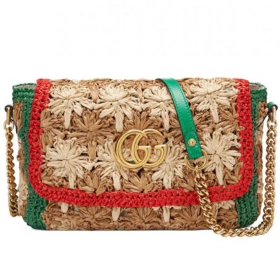 Gucci GG Marmont Red & Green Web Trimming Golden GG Logo Decoration Female Viscose Raffia Braided Flower Motif Chain Bag