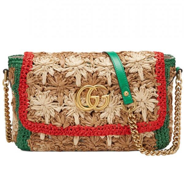 Gucci GG Marmont Red & Green Web Trimming Golden GG Logo Decoration Female Viscose Raffia Braided Flower Motif Chain Bag