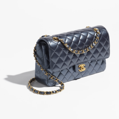 CLASSIC HANDBAG Metallic Calfskin & Gold Metal Navy Blue