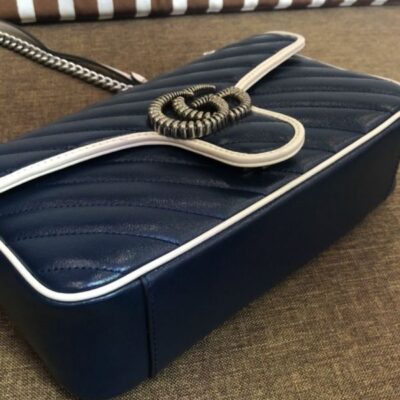 حقيبة نسائية غوتشي GG Marmont Diagonal Line Trimming Chian كتف بحزام Hot Selling بغطاء صغيرة من الجلد باللون الأزرق الداكن والأبيض والذهبي مبطنة