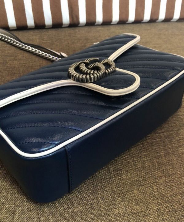 حقيبة نسائية غوتشي GG Marmont Diagonal Line Trimming Chian كتف بحزام Hot Selling بغطاء صغيرة من الجلد باللون الأزرق الداكن والأبيض والذهبي مبطنة
