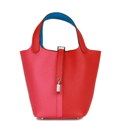 Hermès Picotin Lock 18 Casaque Rouge de Coeur, Rose Extreme and Bleu Zanzibar Clemence Palladium Hardware