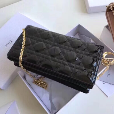 Dior Lady Dior Clutch With Chain In Black Patent