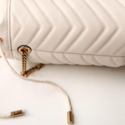 Gucci GG Marmont Mini White Matelasse Quilted Leather Brass Interlocking GG Design Drawstring Closure Women Chian Buckle 575163 DTDRT 9022