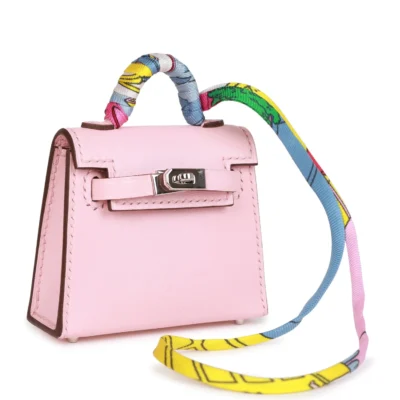 Hermès Rose Sakura Tadelakt Mini Kelly Twilly Bag Charm Palladium Hardware