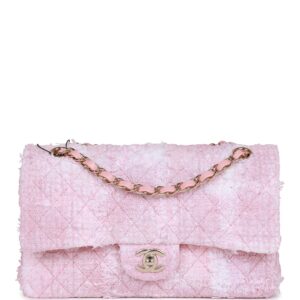 حقيبة شانيل مزدوجة بغطاء Rose Sakura Tweed Light متوسطة مع إكسسوارات معدنية ذهبية بتصميم كلاسيكي