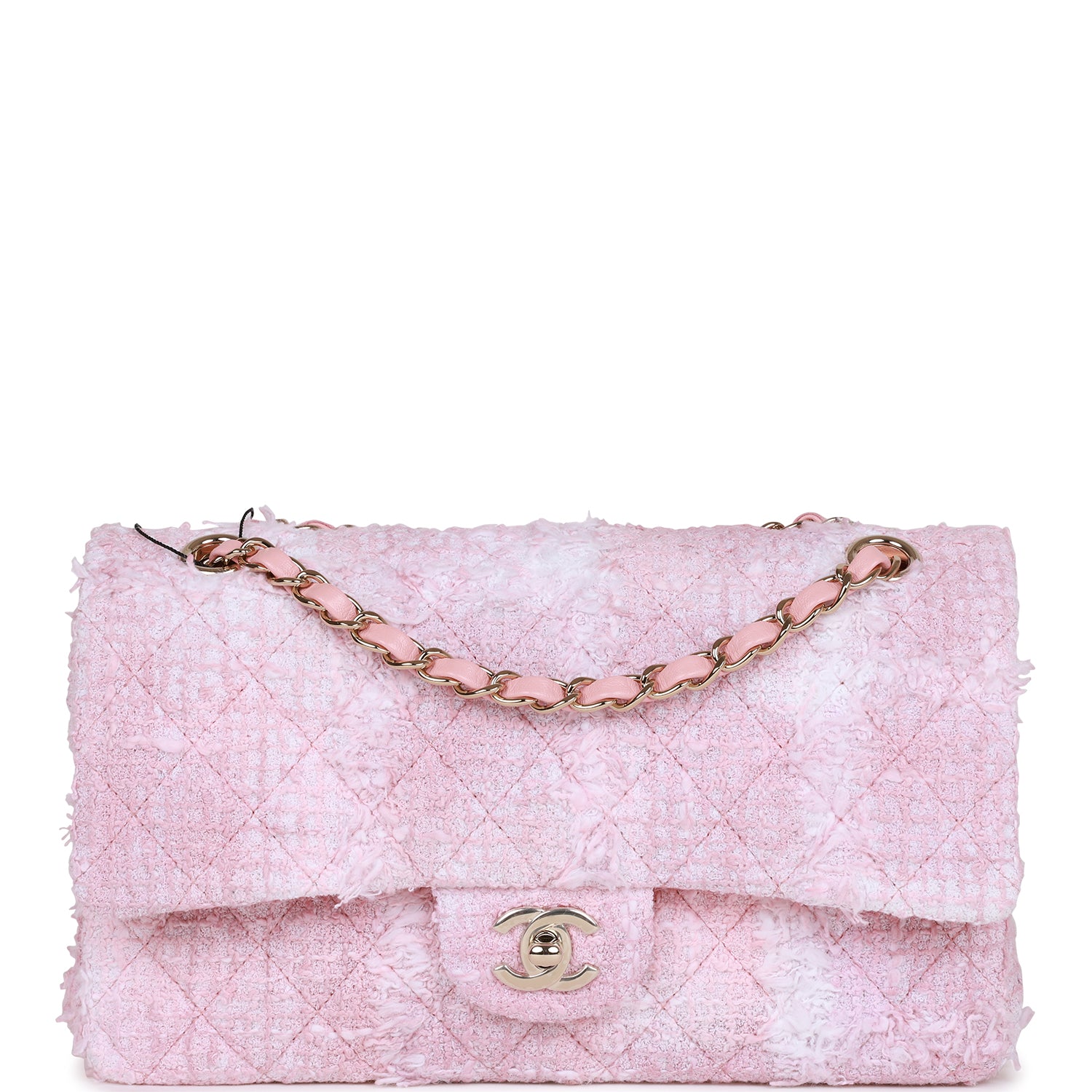 sac à double rabat CHANEL format moyen Classic Rose Sakura Tweed finitions dorées claires