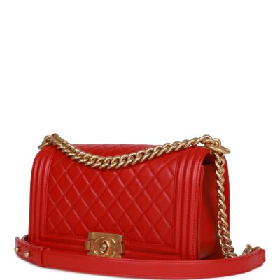 Chanel Medium Boy Bag Red Lambskin Antique Gold Hardware