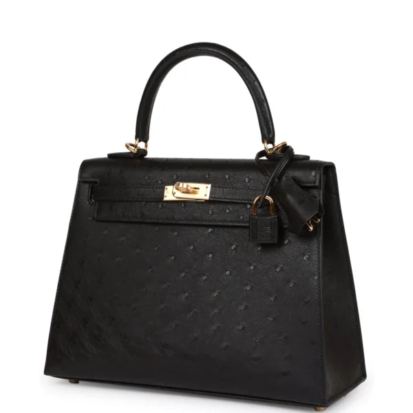 Hermès Kelly Sellier 25 Black Ostrich Gold Hardware