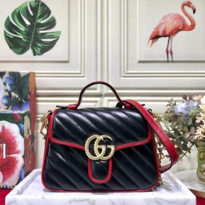 Gucci GG Marmont Double G Brass Buckle Single Top Handle Cerise Trim Female Black Quilted Leather Flap Mini Crossbody Bag