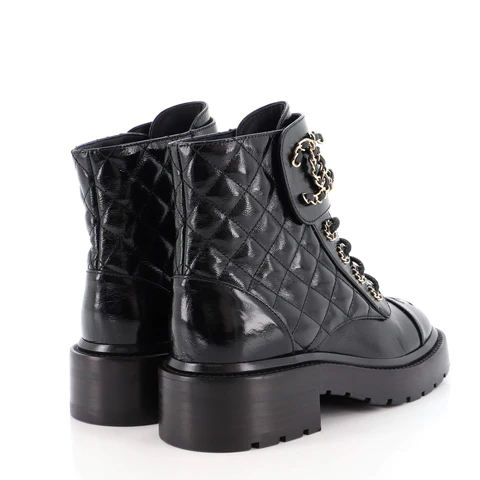 57c315c351a0fc98eeba83007884265d Chanel Women's Chain CC Cap Toe Lace Up Combat Boots Quilted Shiny Calfskin