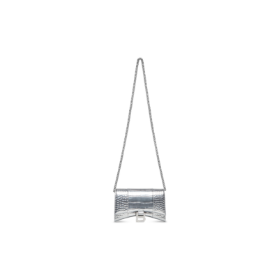 WOMEN'S HOURGLASS WALLET ON CHAIN METALLIZED CROCODILE EMBOSSED WITH RHINESTONES IN SILVER