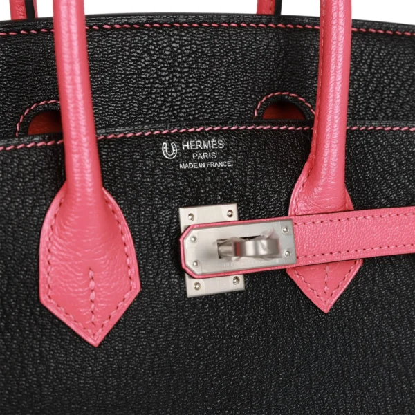 Hermès Special Order HSS Birkin 25 Rose Azalee Chèvre gebürstet Tasche in Schwarz mit Palladiumbeschläge