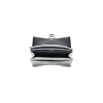 WOMEN'S HOURGLASS WALLET ON CHAIN METALLIZED CROCODILE EMBOSSED WITH RHINESTONES IN SILVER