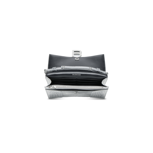WOMEN'S HOURGLASS WALLET ON CHAIN METALLIZED CROCODILE EMBOSSED WITH RHINESTONES IN SILVER
