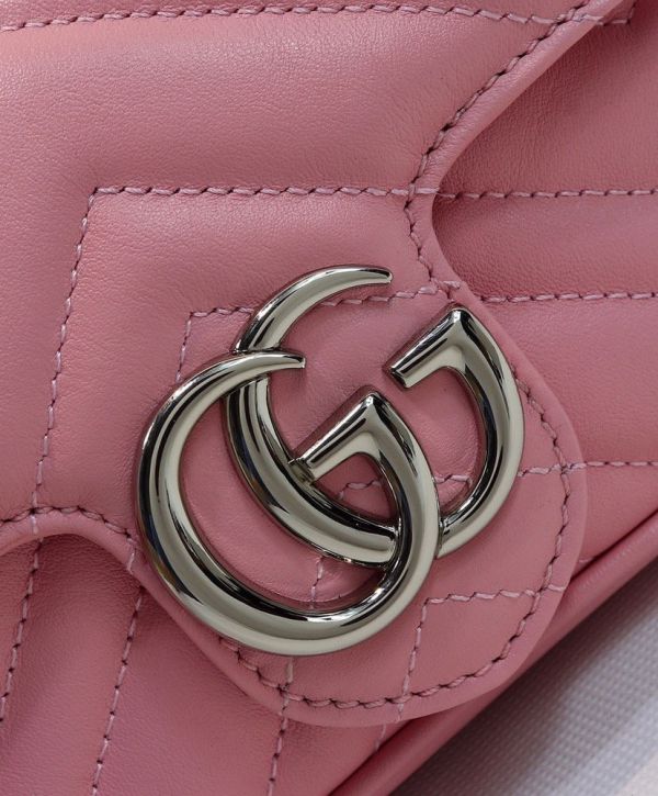 5d8f01134dc0e19d535d54490d1a4952 Gucci GG Marmont Waved Design Silver GG Buckle Women Latest Pink Quilted Super Mini Flap Handbag For Sale