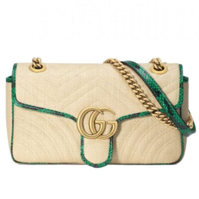 Gucci GG Marmont Beige Raffia Women Small Flap Bag Antique Golden Hardware 2022 Cheapest Green Snakeskin Trimming Chain Bag