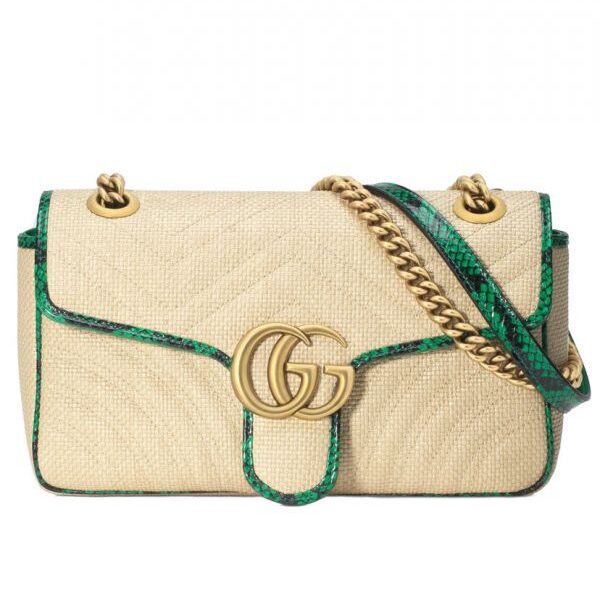 Gucci GG Marmont Beige Raffia Women Small Flap Bag Antique Golden Hardware 2022 Cheapest Green Snakeskin Trimming Chain Bag