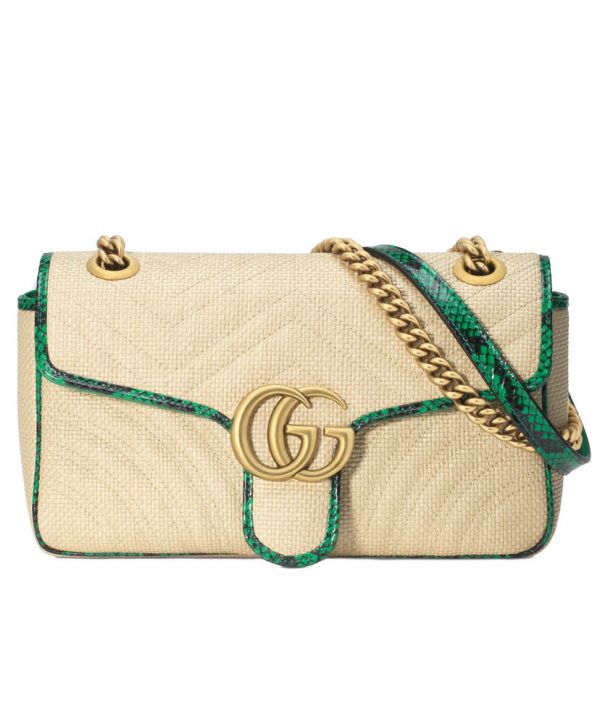 Gucci GG Marmont Beige Raffia Women Small Flap Bag Antique Golden Hardware 2022 Cheapest Green Snakeskin Trimming Chain Bag