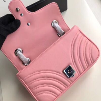 Gucci GG Marmont Silver GG Logo Buckle Back Heart Pattern Chain Shoulder Strap Pink Matelasse Chevron Leather Mini Bag