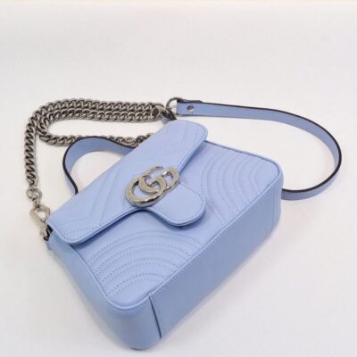 Gucci GG Marmont Mini Single Top Handle Shiny Silver GG Logo Buckle Waved Stripe Motif Light Blue Leather Shoulder Bag UK