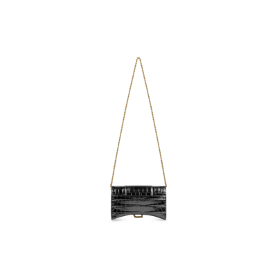WOMEN'S HOURGLASS WALLET ON CHAIN CROCODILE EMBOSSED IN BLACK