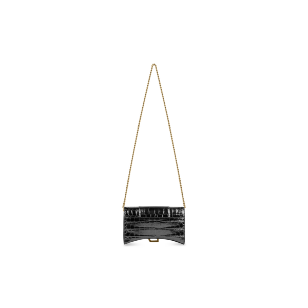 WOMEN'S HOURGLASS WALLET ON CHAIN CROCODILE EMBOSSED IN BLACK