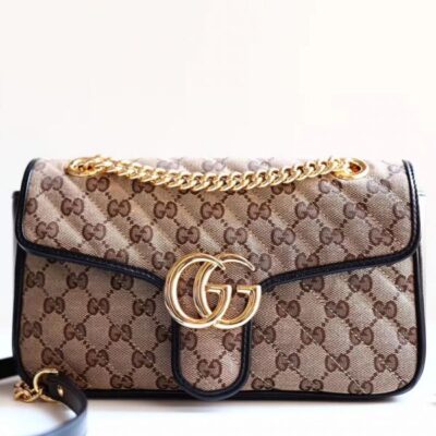 62c6436d27890c0883dbcb2ae076de3a Gucci GG Marmont Logo Pattern Double G Magnetic Buckle Apricot Canvas & Black Leather Female Shiny Golden Chain Handbag 443497 HVKEG 9772