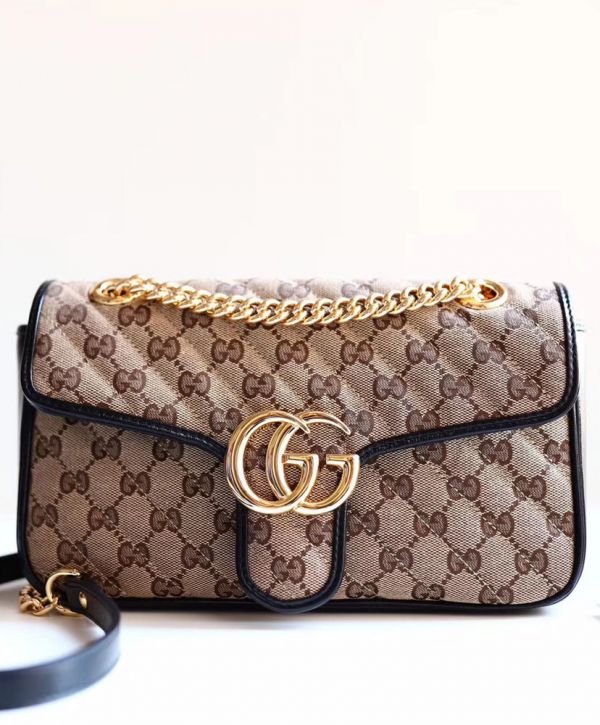 62c6436d27890c0883dbcb2ae076de3a Gucci GG Marmont Logo Pattern Double G Magnetic Buckle Apricot Canvas & Black Leather Female Shiny Golden Chain Handbag 443497 HVKEG 9772