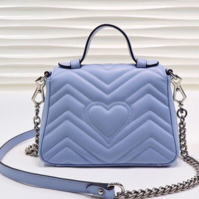 Gucci GG Marmont Mini Single Top Handle Shiny Silver GG Logo Buckle Waved Stripe Motif Light Blue Leather Shoulder Bag UK