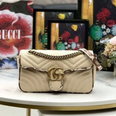 64935a18c880fb3e2afdecd961d7d420 حقيبة كتف نسائية غوتشي GG Marmont Raffia Snakeskin Trimming Brass شعار Spring إغلاق حلقة كتف بحزام باللون البيج