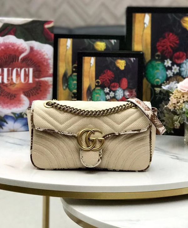 64935a18c880fb3e2afdecd961d7d420 حقيبة كتف نسائية غوتشي GG Marmont Raffia Snakeskin Trimming Brass شعار Spring إغلاق حلقة كتف بحزام باللون البيج