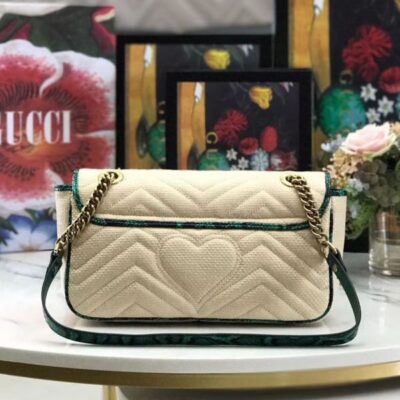 Gucci GG Marmont Beige Raffia Women Small Flap Bag Antique Golden Hardware 2022 Cheapest Green Snakeskin Trimming Chain Bag