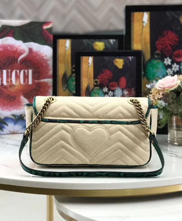 Gucci GG Marmont Beige Raffia Women Small Flap Bag Antique Golden Hardware 2022 Cheapest Green Snakeskin Trimming Chain Bag