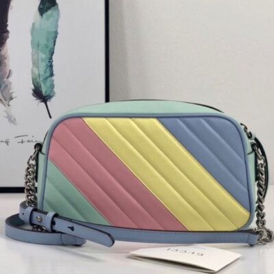 2022 New Gucci GG Marmont Silver Chian Strap Zipper Closure Double G Signature Women Colorful Diagonal Quilted Leather Crossbody Bag Small