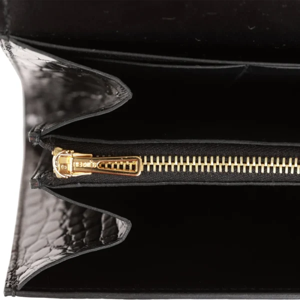 محفظة Hermès Constance Compact أسود لامع Alligator Rose إكسسوارات معدنية ذهبية