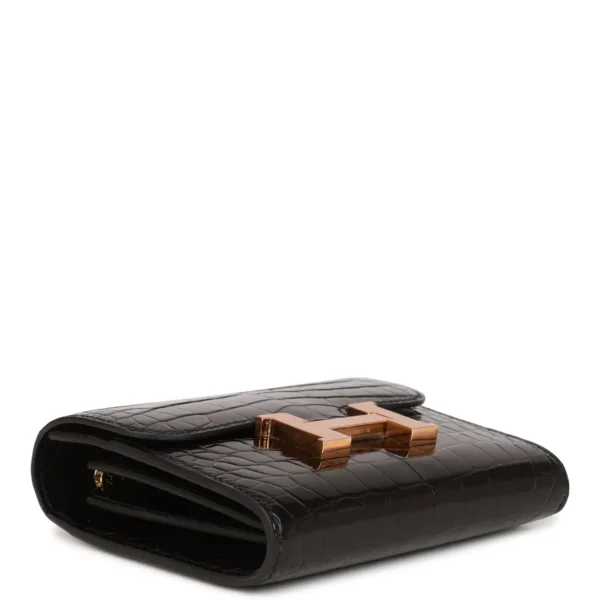 محفظة Hermès Constance Compact أسود لامع Alligator Rose إكسسوارات معدنية ذهبية