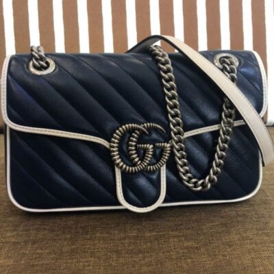 حقيبة نسائية غوتشي GG Marmont Diagonal Line Trimming Chian كتف بحزام Hot Selling بغطاء صغيرة من الجلد باللون الأزرق الداكن والأبيض والذهبي مبطنة