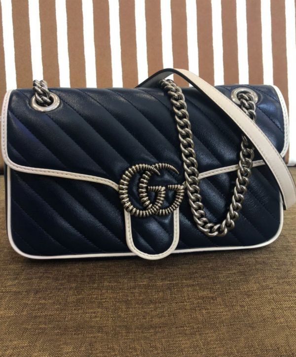 حقيبة نسائية غوتشي GG Marmont Diagonal Line Trimming Chian كتف بحزام Hot Selling بغطاء صغيرة من الجلد باللون الأزرق الداكن والأبيض والذهبي مبطنة