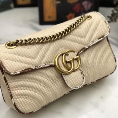 6d477030545dc3212f3ed90e9cfc2eec حقيبة كتف نسائية غوتشي GG Marmont Raffia Snakeskin Trimming Brass شعار Spring إغلاق حلقة كتف بحزام باللون البيج