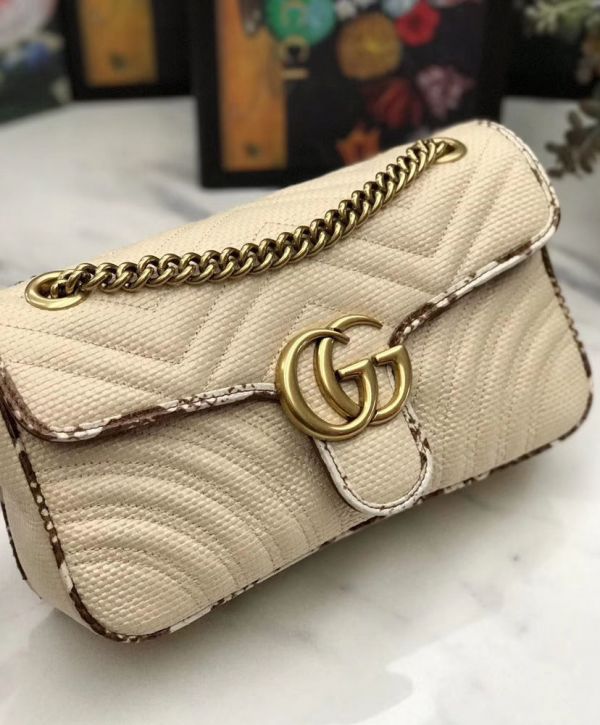 6d477030545dc3212f3ed90e9cfc2eec حقيبة كتف نسائية غوتشي GG Marmont Raffia Snakeskin Trimming Brass شعار Spring إغلاق حلقة كتف بحزام باللون البيج